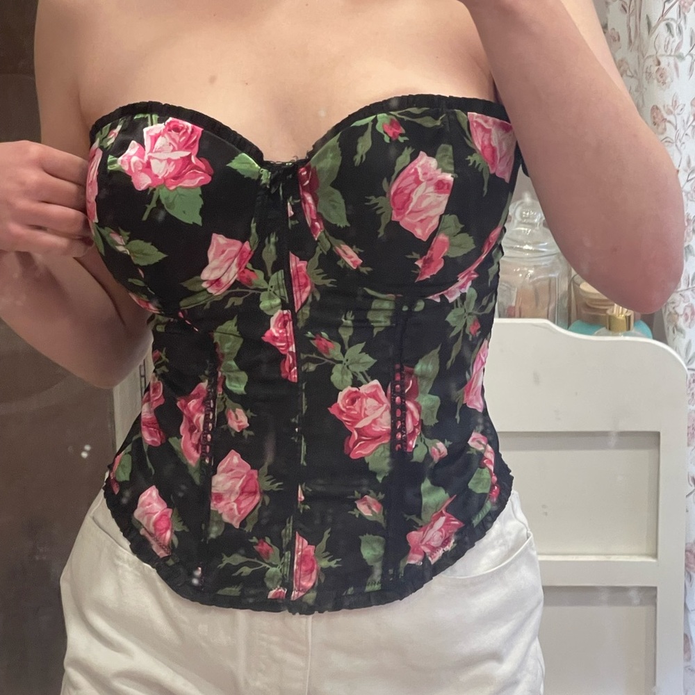 Pink, black and green flower rose corset top